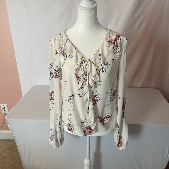 White House Black Market Tops - White House Blk Mkt Floral Ruffle Tie-Neck Blouse - Cream with Pink & Blue Print